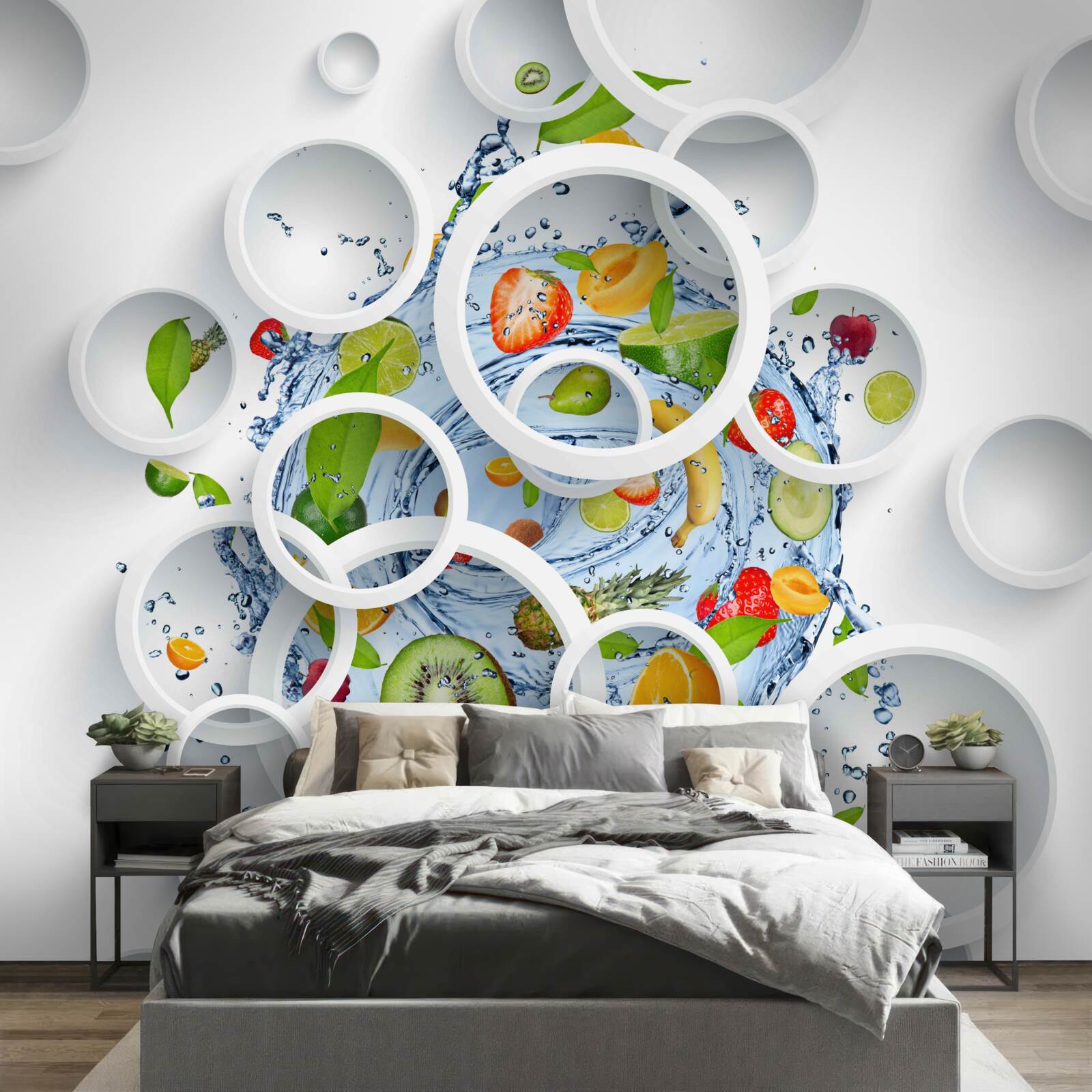 Фотошпалери білі кола та фрукти