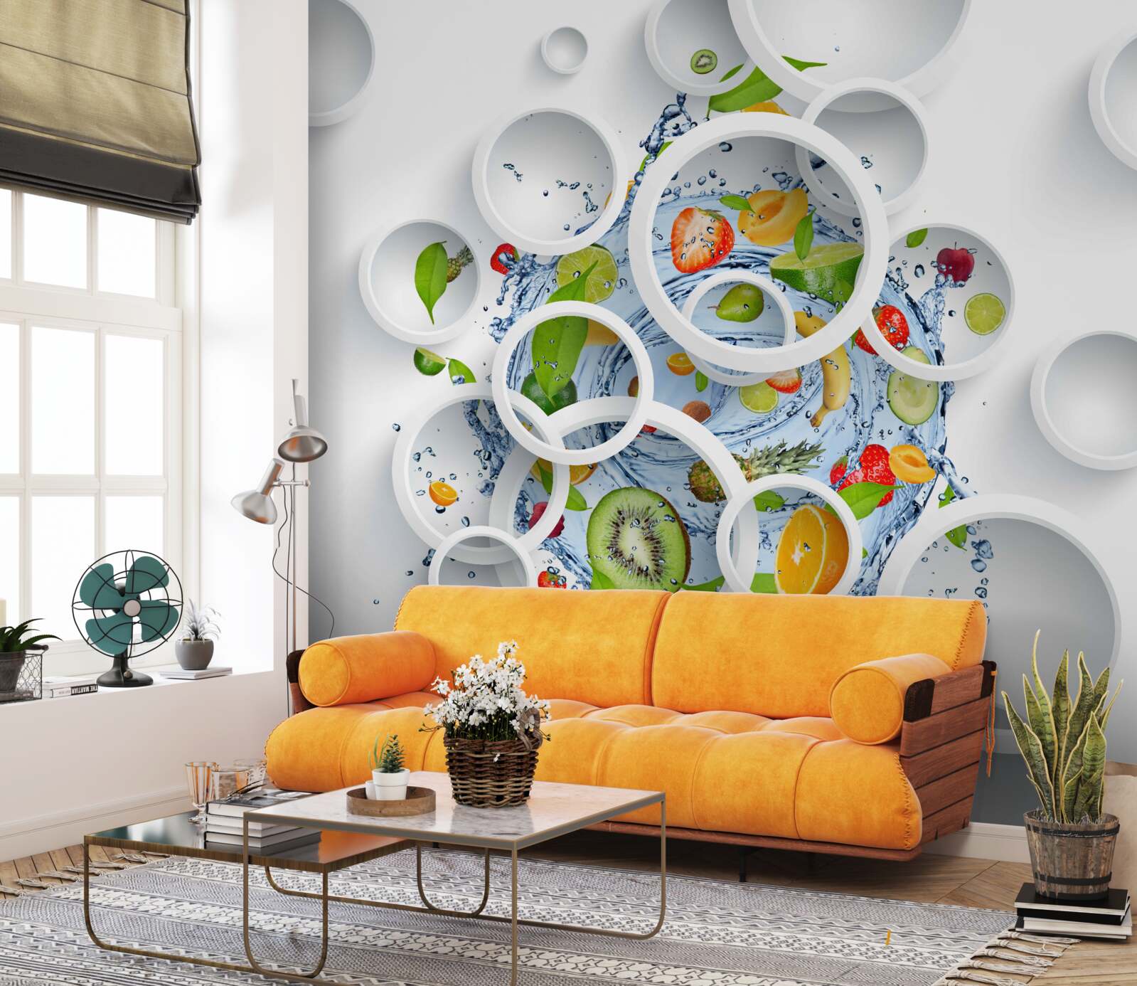 Фотошпалери білі кола та фрукти