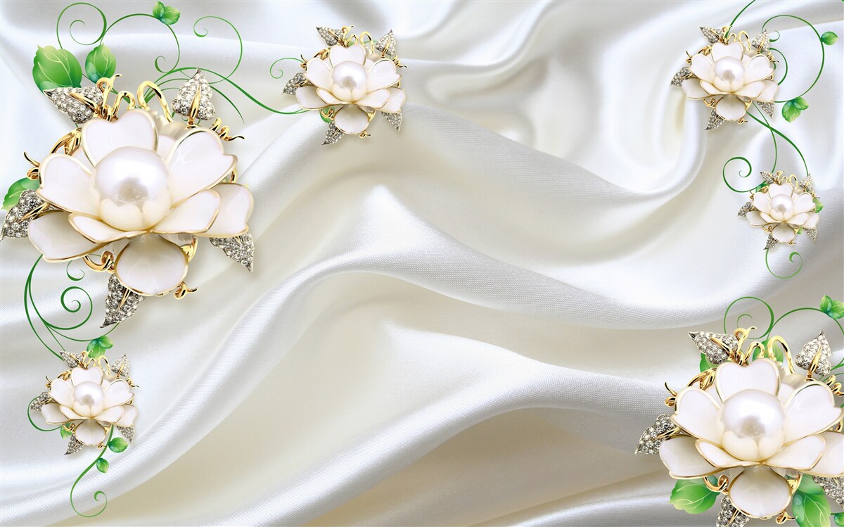 Фотошпалери білі квіти розміщені на атласно-білому тлі