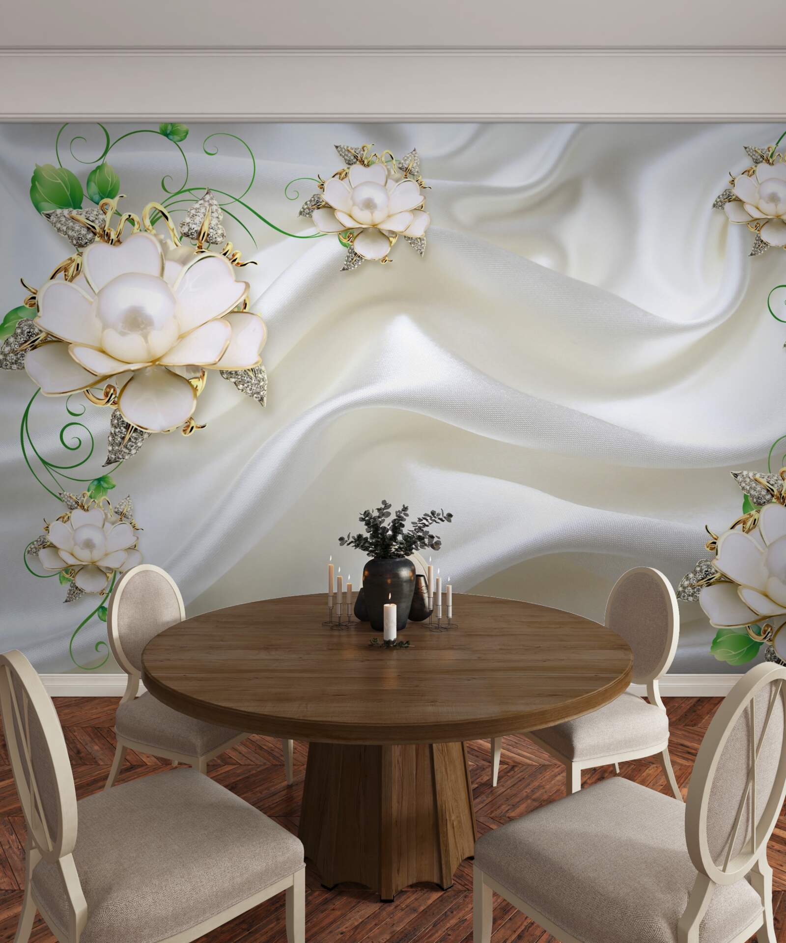 Фотошпалери білі квіти розміщені на атласно-білому тлі