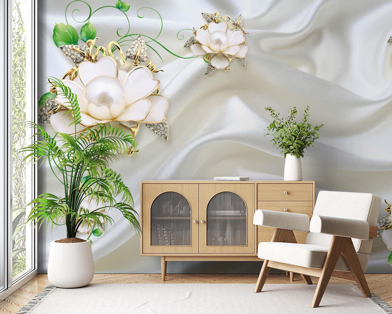 Фотошпалери білі квіти розміщені на атласно-білому тлі