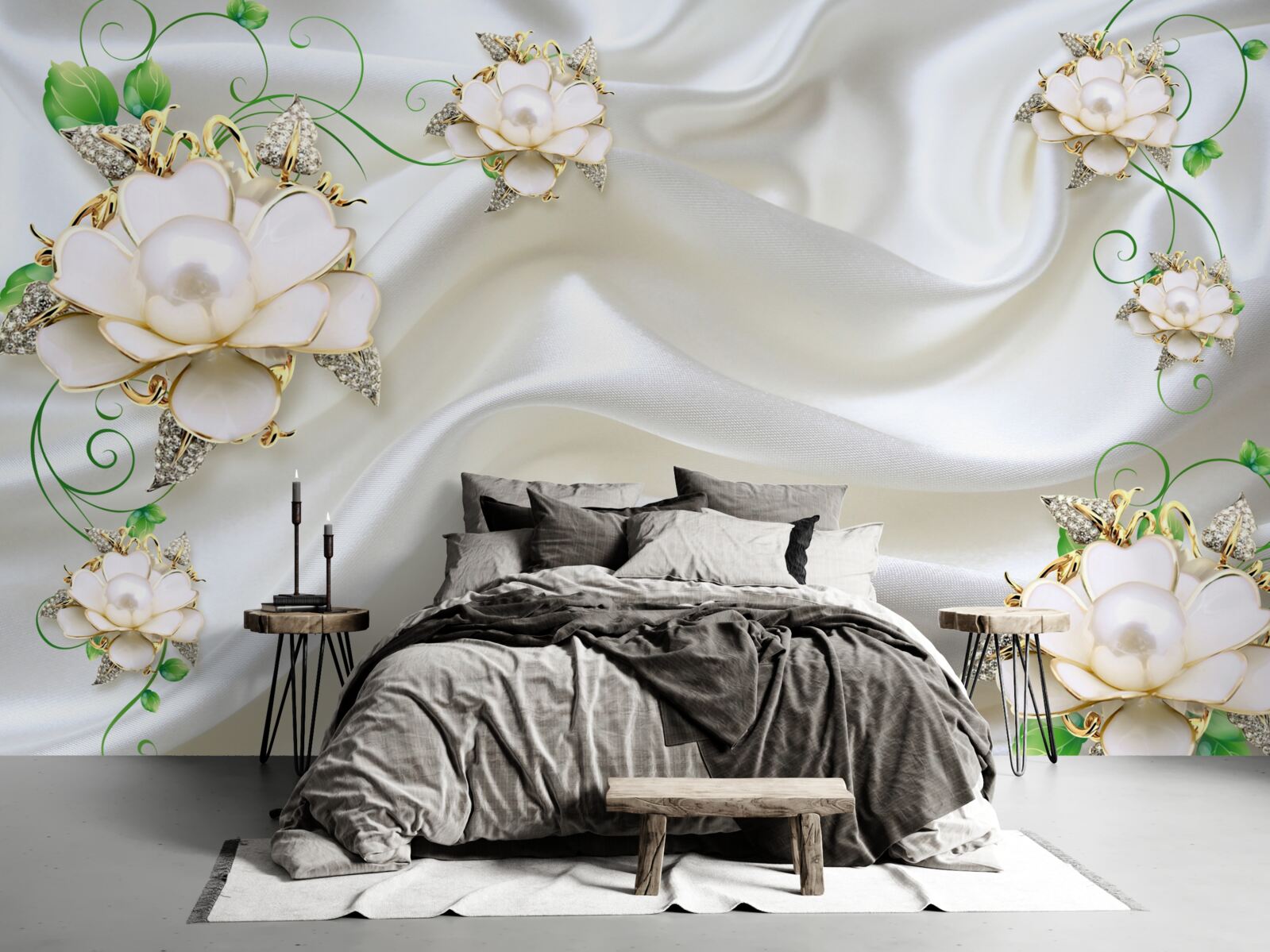 Фотошпалери білі квіти розміщені на атласно-білому тлі