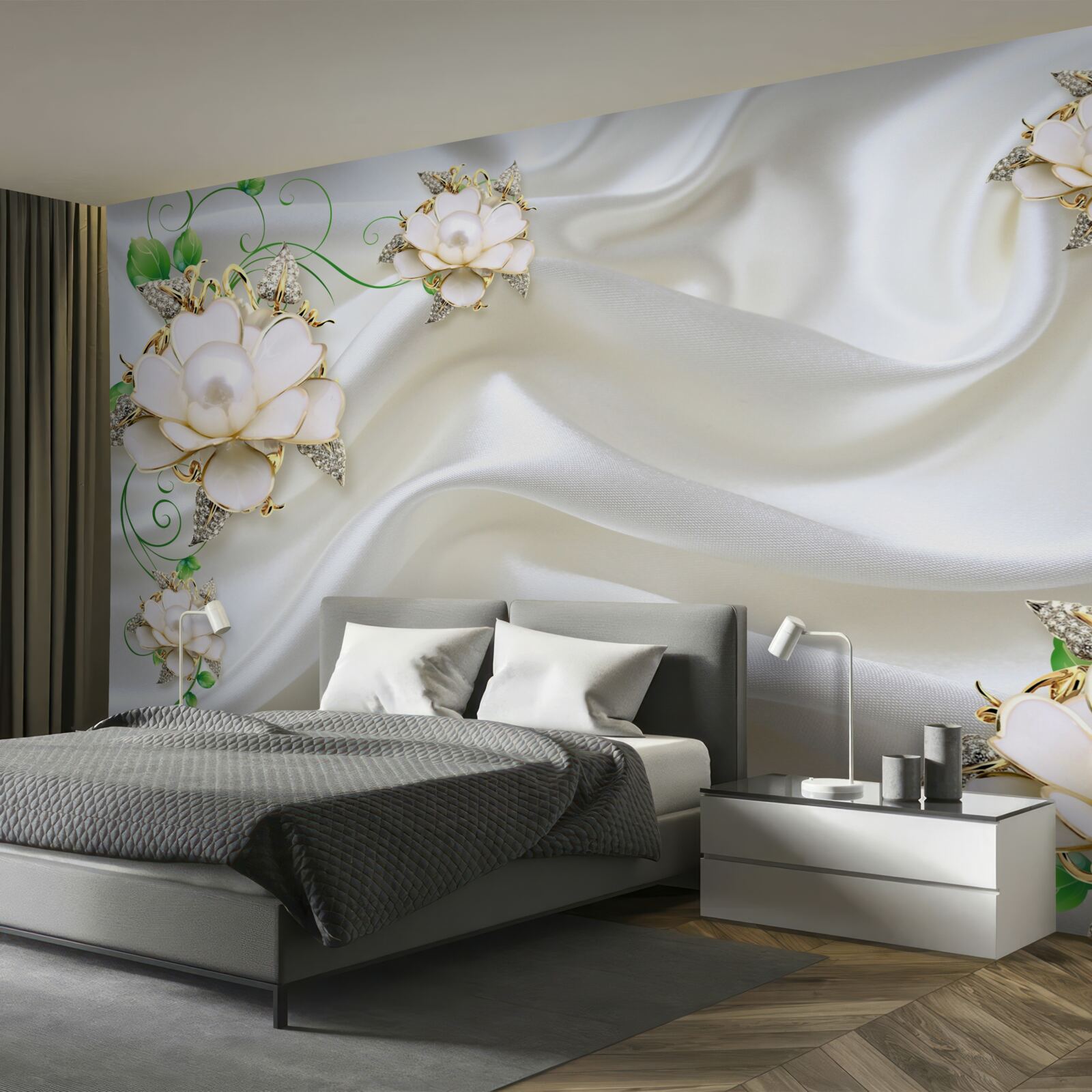 Фотошпалери білі квіти розміщені на атласно-білому тлі