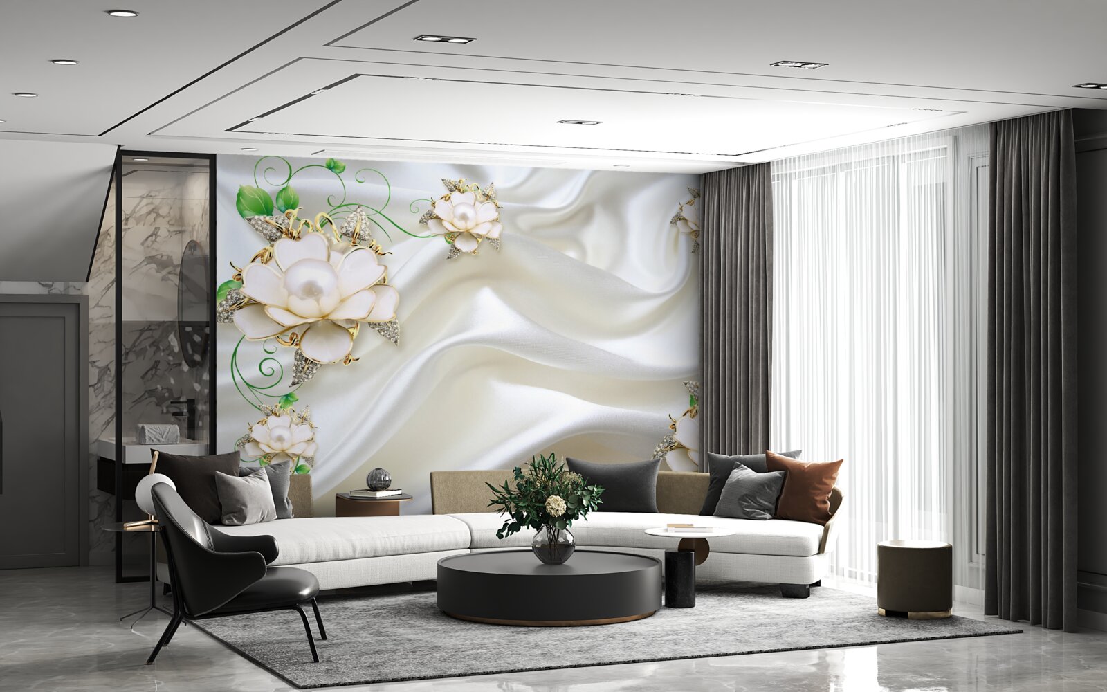 Фотошпалери білі квіти розміщені на атласно-білому тлі