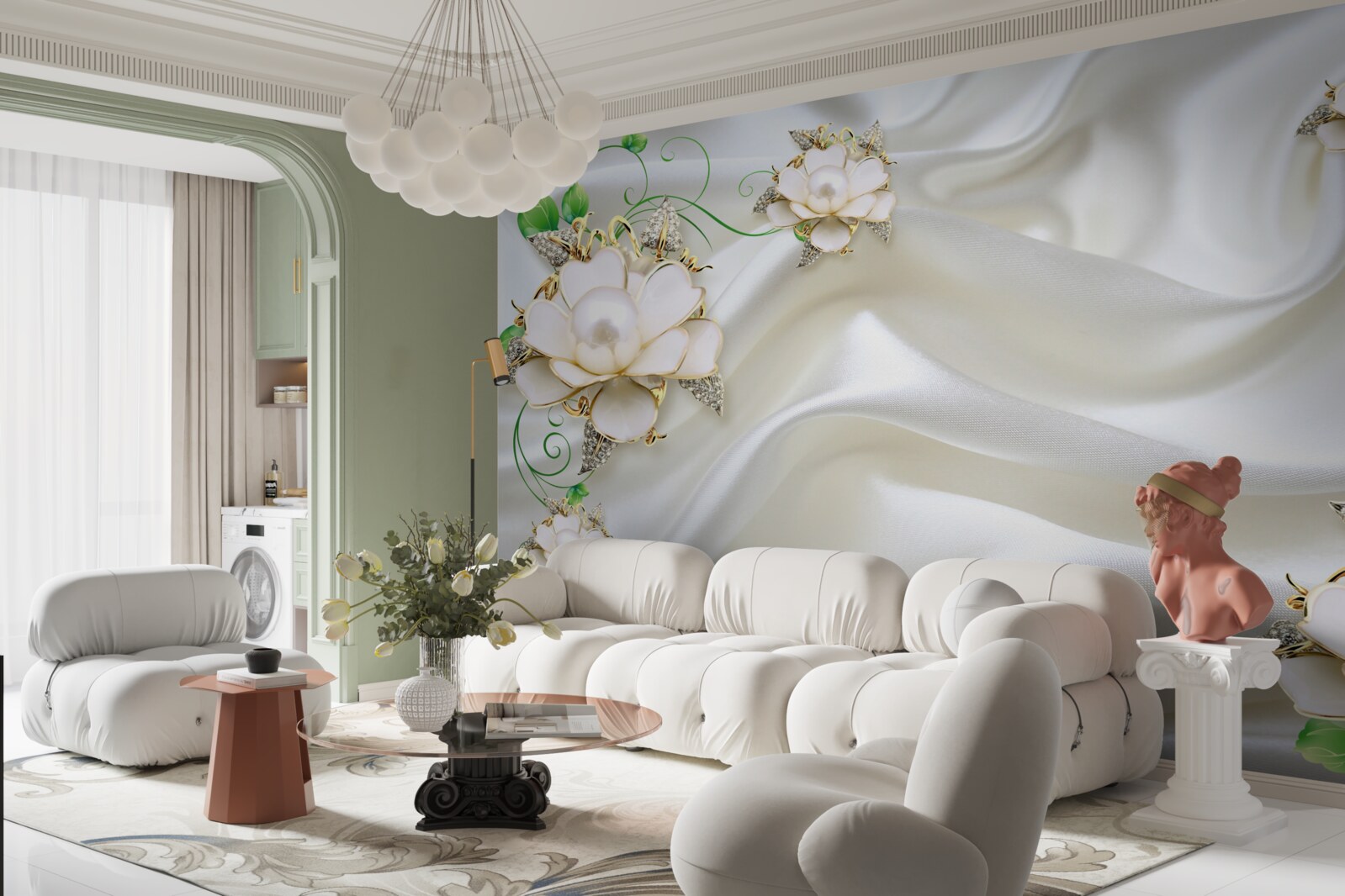 Фотошпалери білі квіти розміщені на атласно-білому тлі