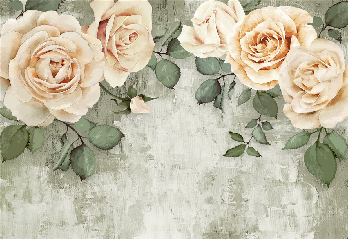 Фотошпалери кремові троянди з великим зеленим листям