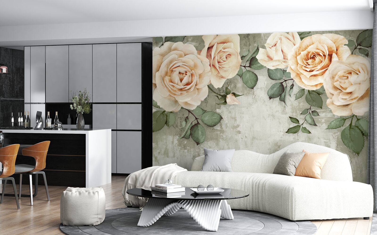 Фотошпалери кремові троянди з великим зеленим листям