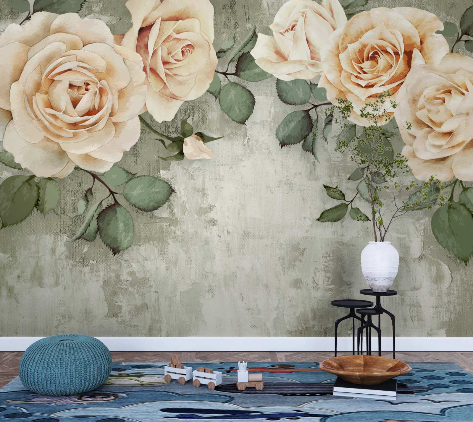 Фотошпалери кремові троянди з великим зеленим листям