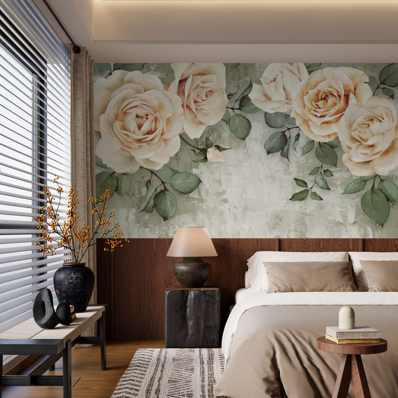 Фотошпалери кремові троянди з великим зеленим листям