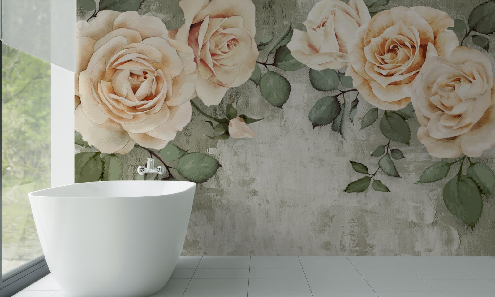 Фотошпалери кремові троянди з великим зеленим листям