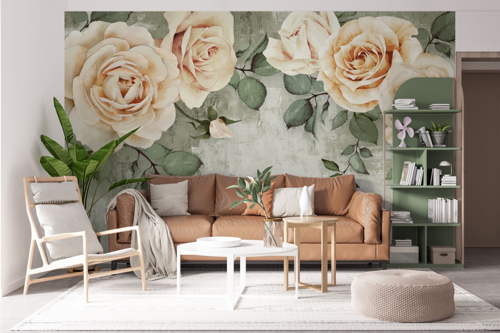 Фотошпалери кремові троянди з великим зеленим листям