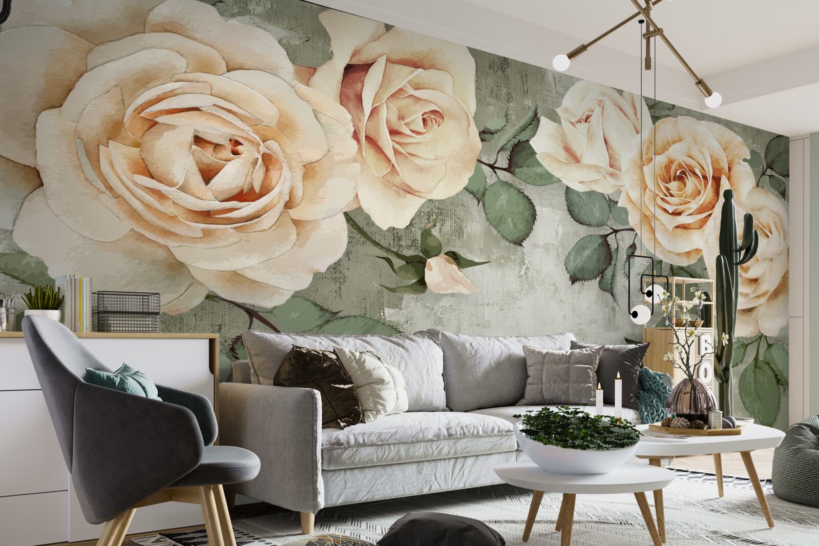 Фотошпалери кремові троянди з великим зеленим листям