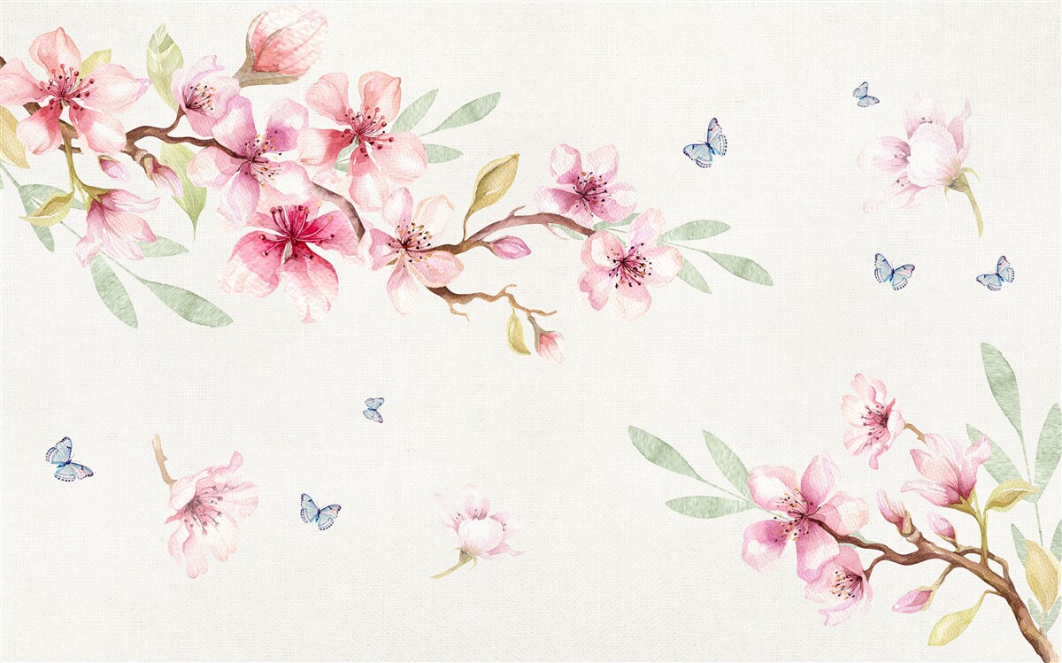 Фотошпалери метелики літають навколо гілок з квітами