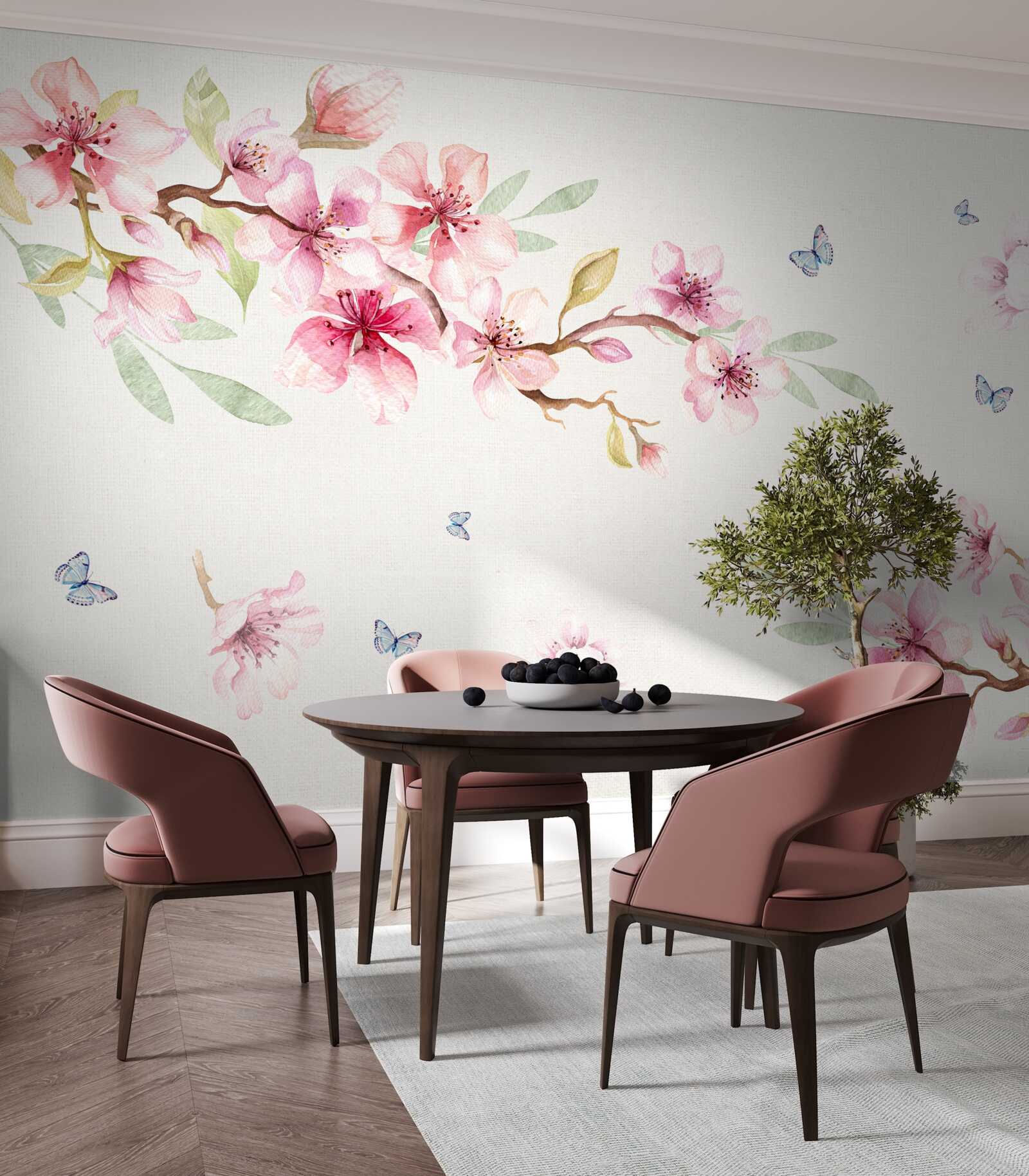 Фотошпалери метелики літають навколо гілок з квітами