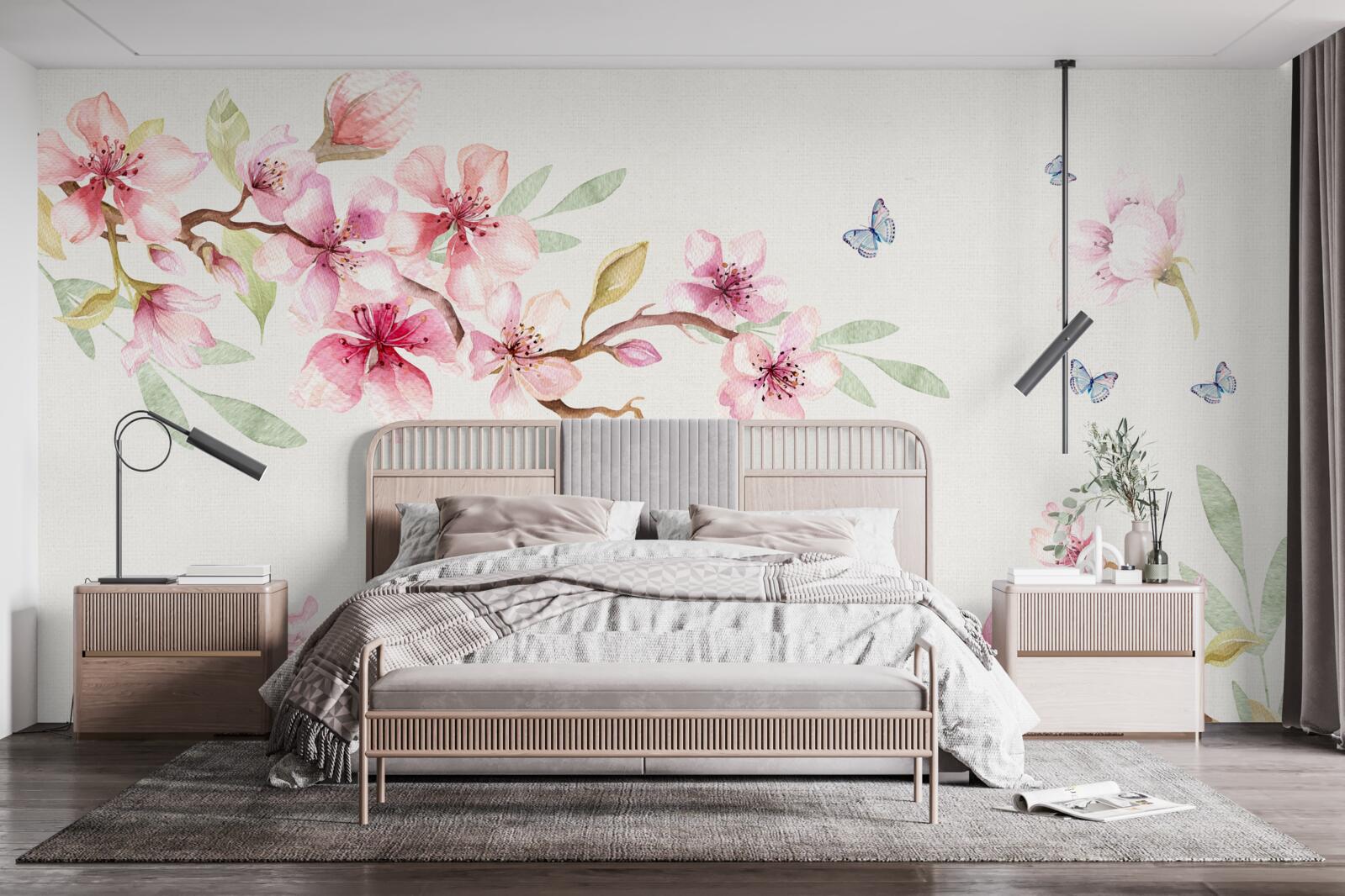 Фотошпалери метелики літають навколо гілок з квітами