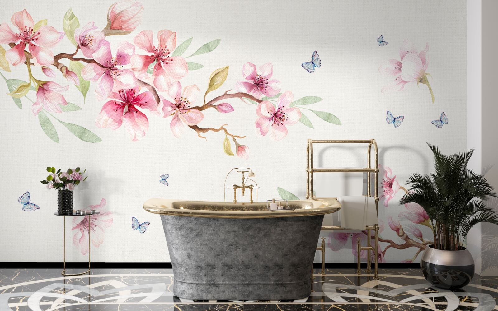 Фотошпалери метелики літають навколо гілок з квітами