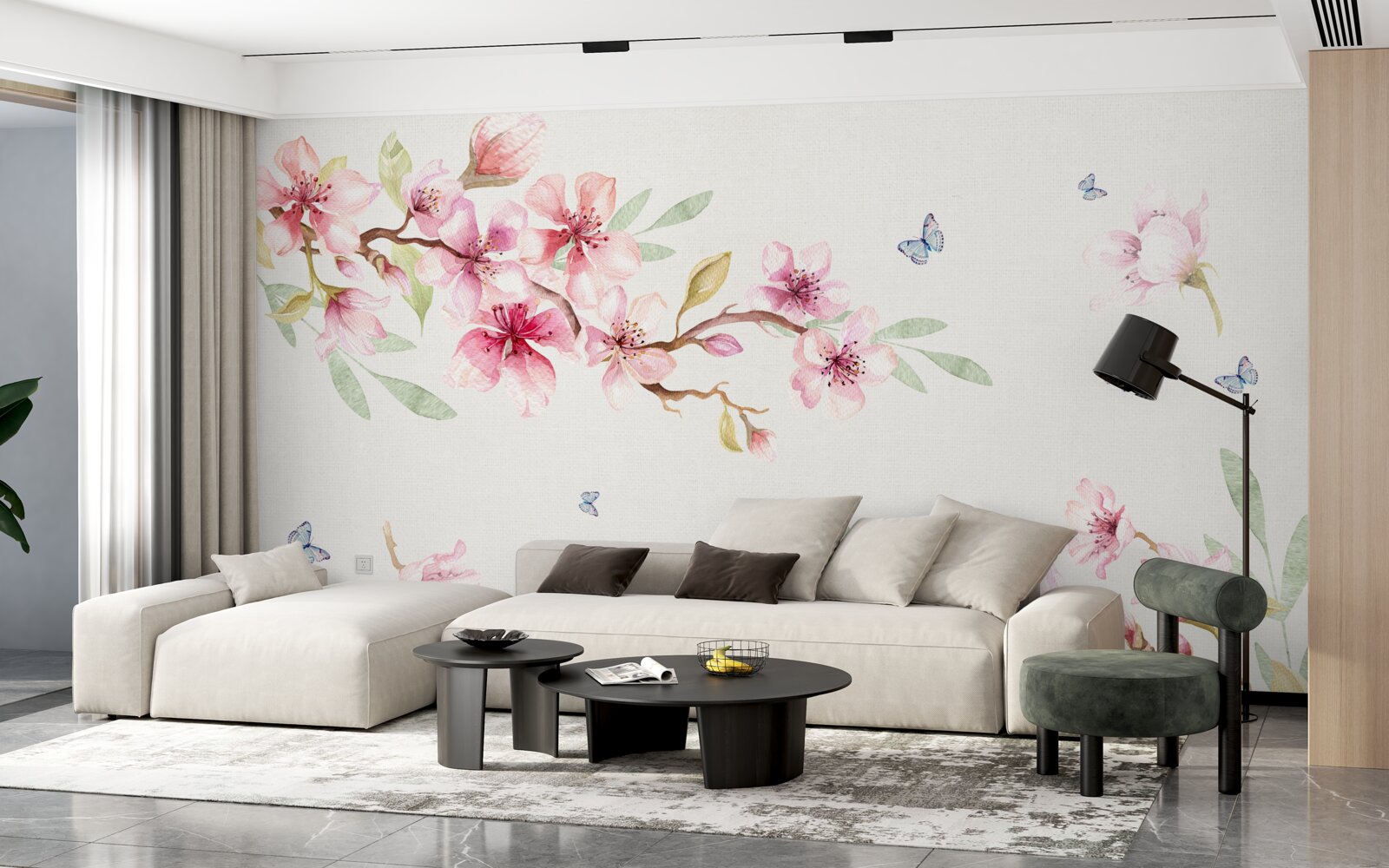 Фотошпалери метелики літають навколо гілок з квітами