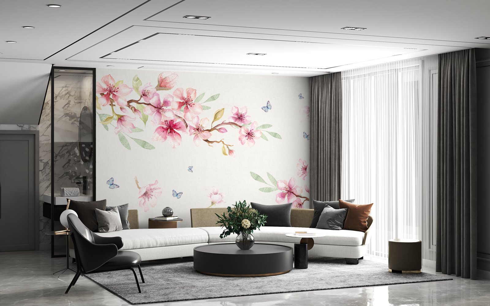 Фотошпалери метелики літають навколо гілок з квітами