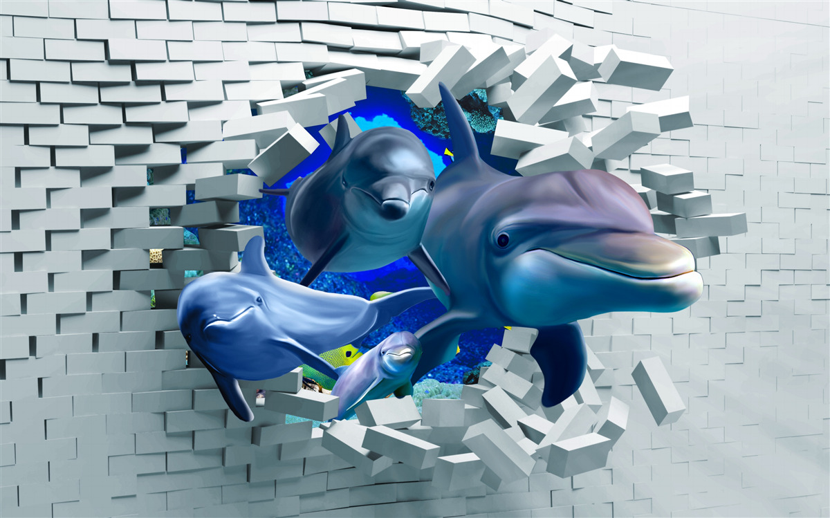 Фотошпалери дельфіни прориваються крізь цегляний бар'єр