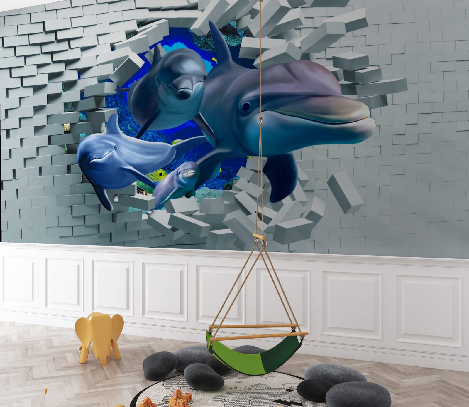 Фотошпалери дельфіни прориваються крізь цегляний бар'єр