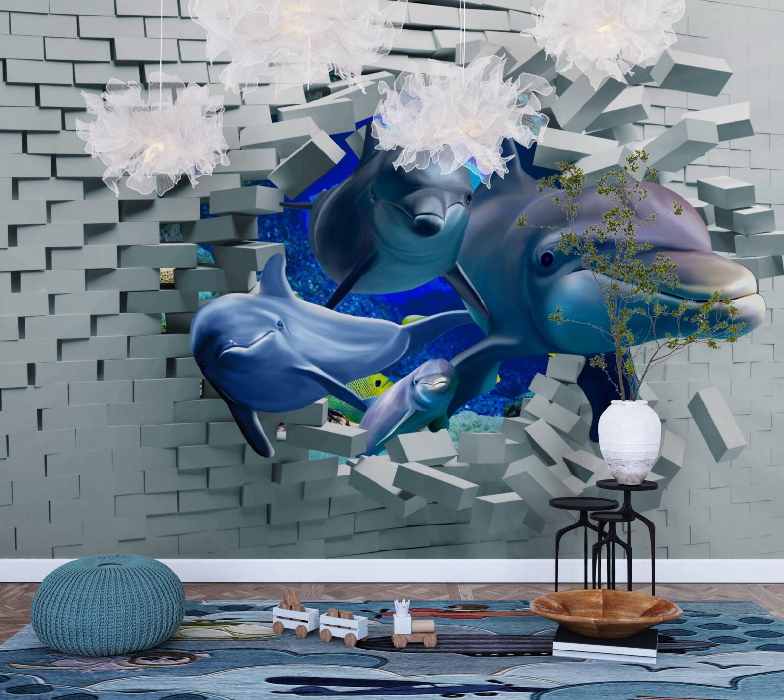 Фотошпалери дельфіни прориваються крізь цегляний бар'єр