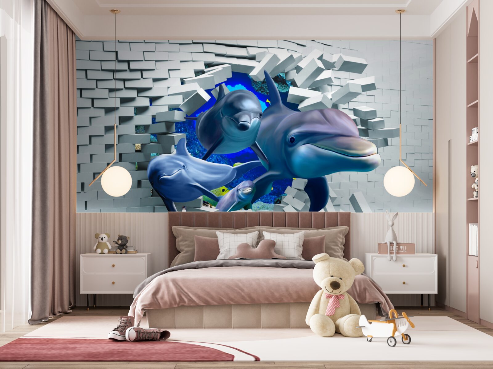 Фотошпалери дельфіни прориваються крізь цегляний бар'єр