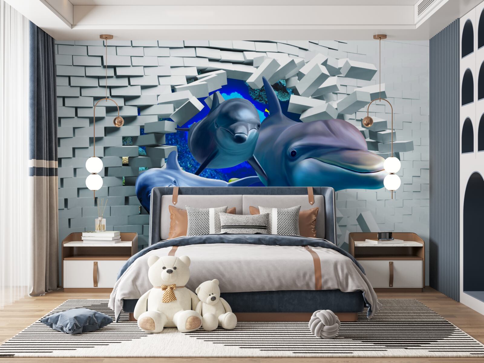 Фотошпалери дельфіни прориваються крізь цегляний бар'єр