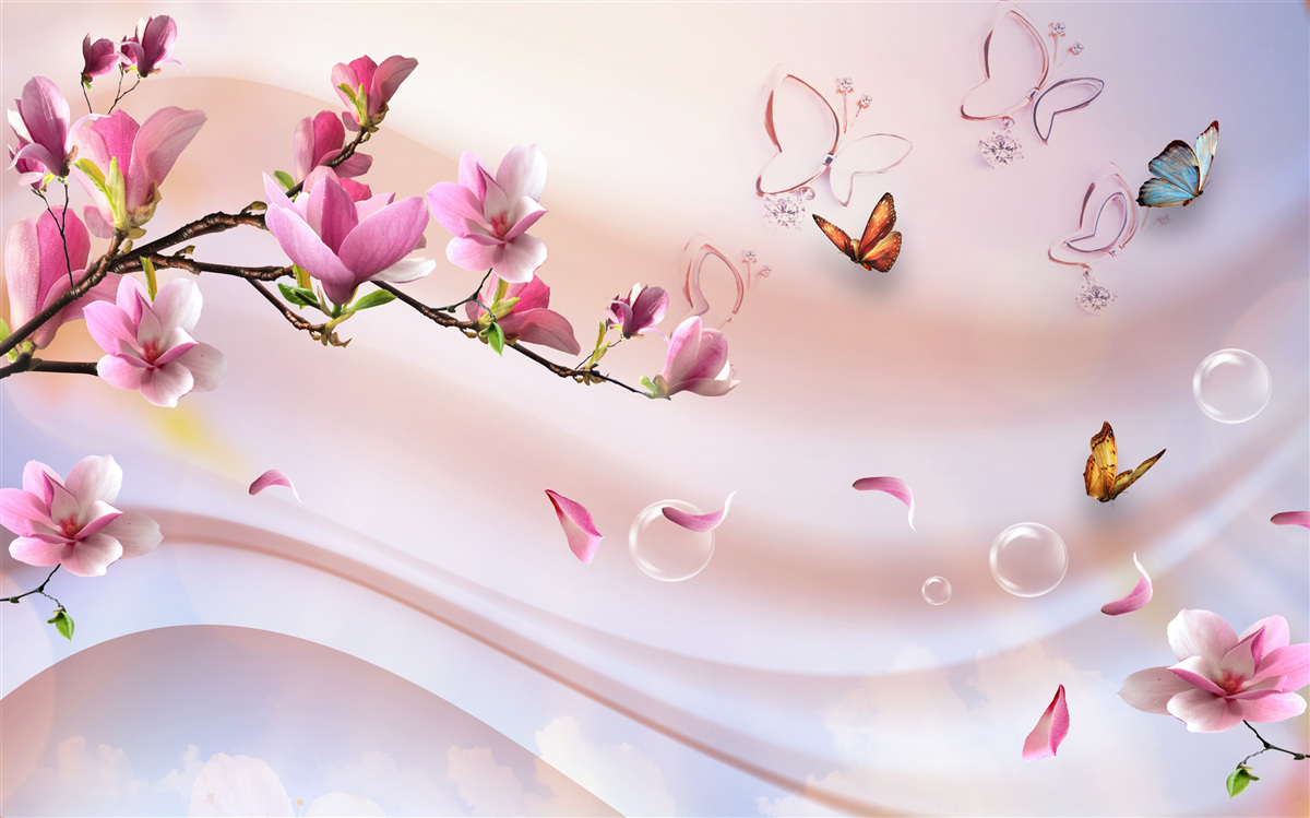 Фотошпалери гілка з рожевими квітами та пурхаючими метеликами