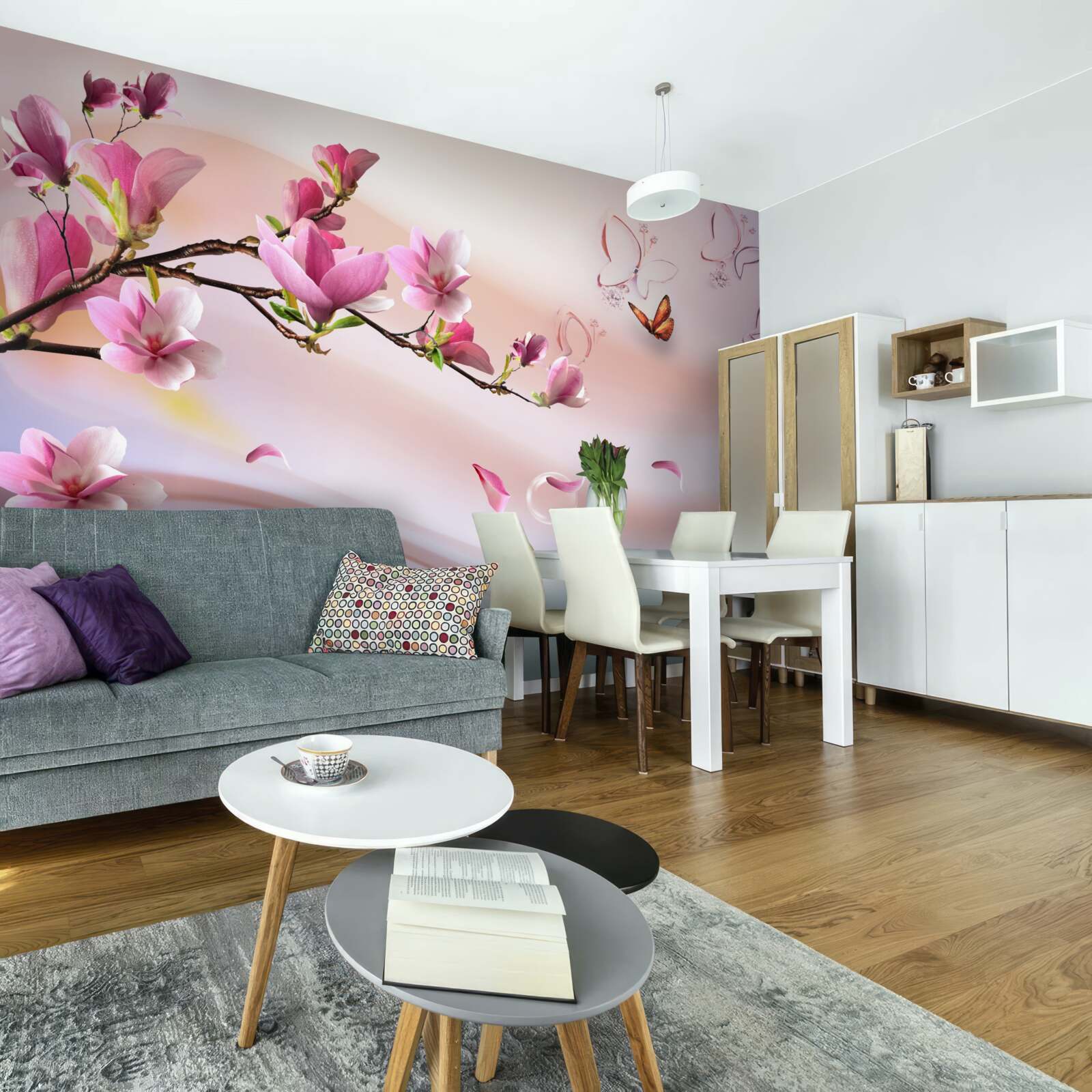 Фотошпалери гілка з рожевими квітами та пурхаючими метеликами