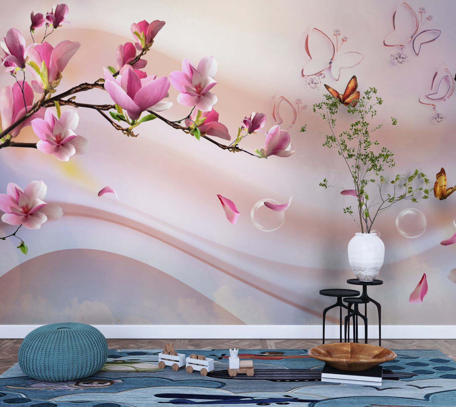 Фотошпалери гілка з рожевими квітами та пурхаючими метеликами