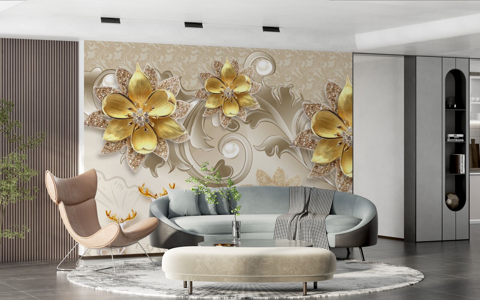 Фотошпалери дрібні білосніжні олені та кам'яно-жовті квіти