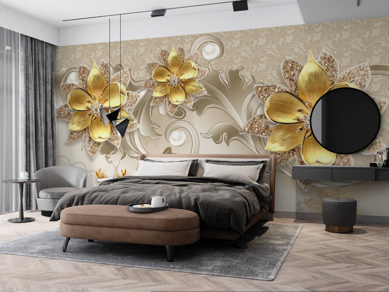 Фотошпалери дрібні білосніжні олені та кам'яно-жовті квіти