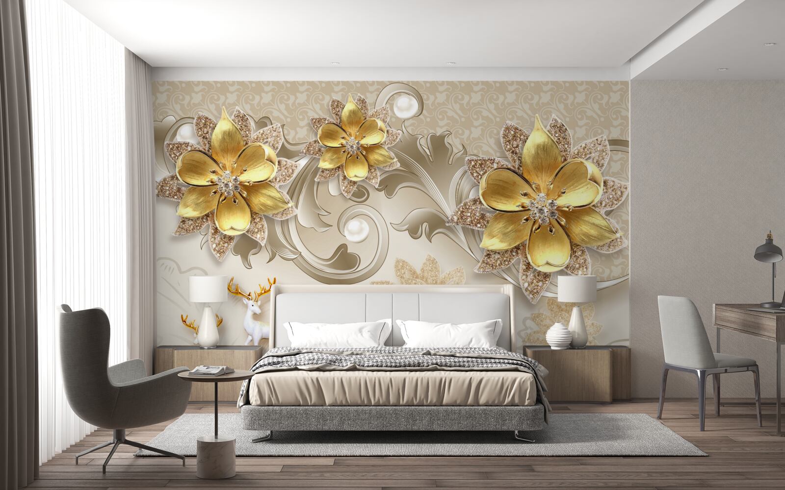 Фотошпалери дрібні білосніжні олені та кам'яно-жовті квіти