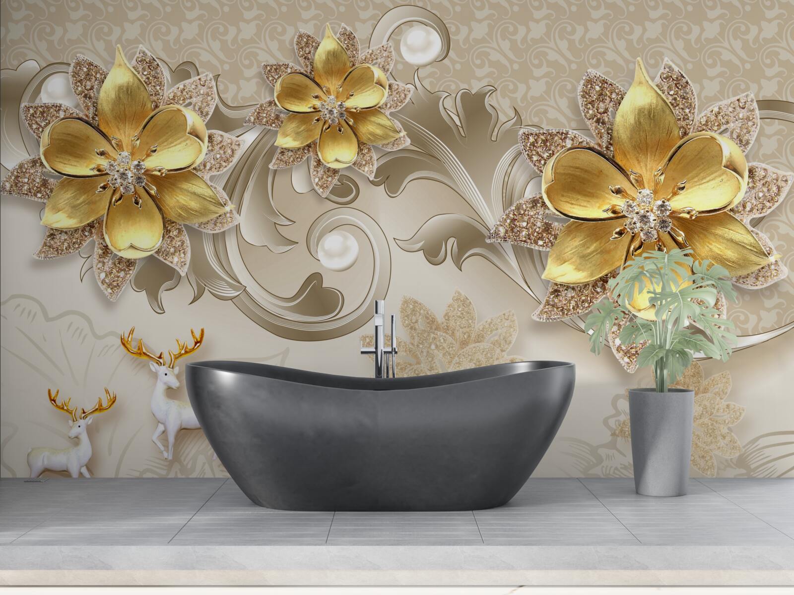 Фотошпалери дрібні білосніжні олені та кам'яно-жовті квіти