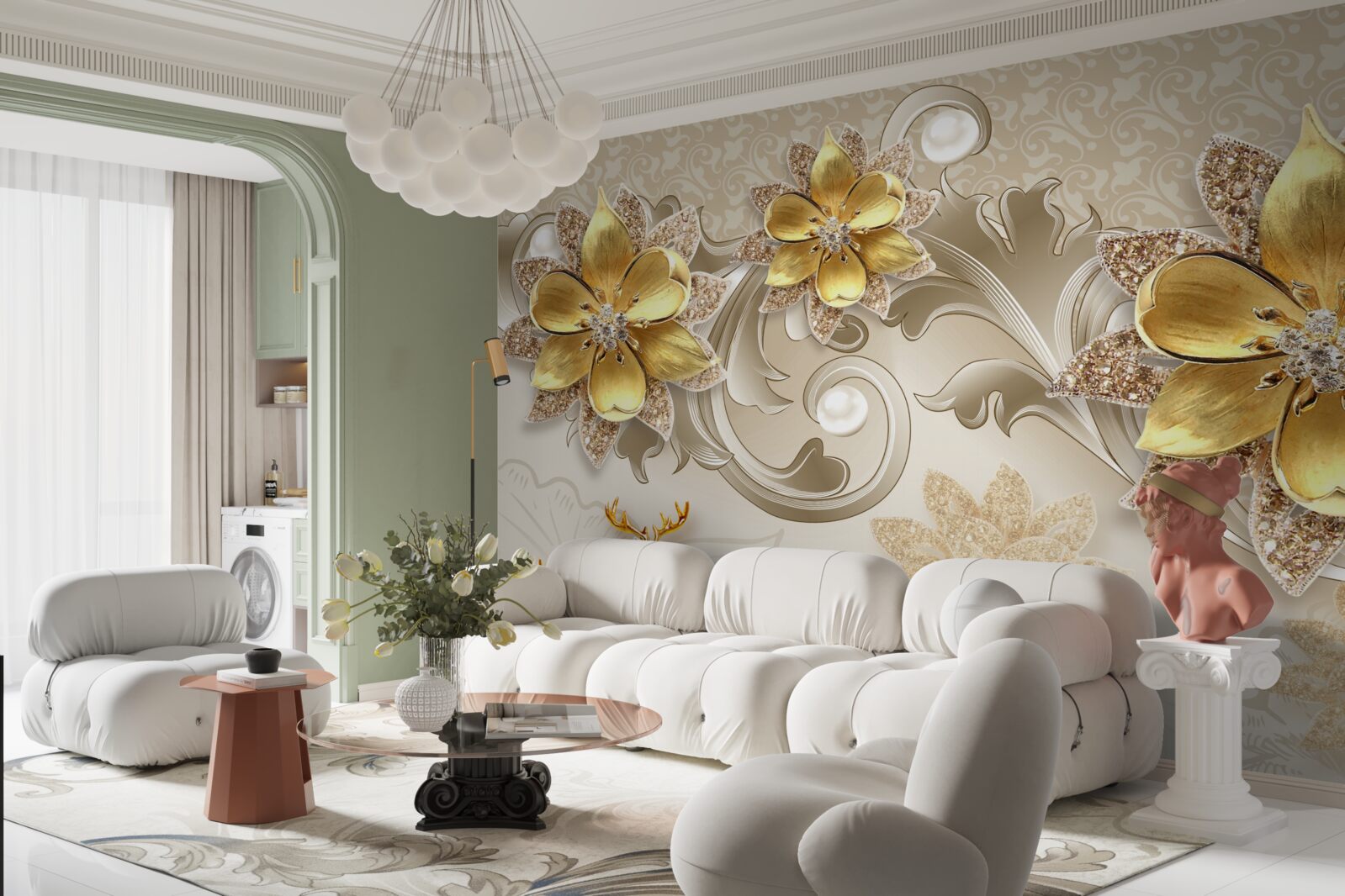 Фотошпалери дрібні білосніжні олені та кам'яно-жовті квіти