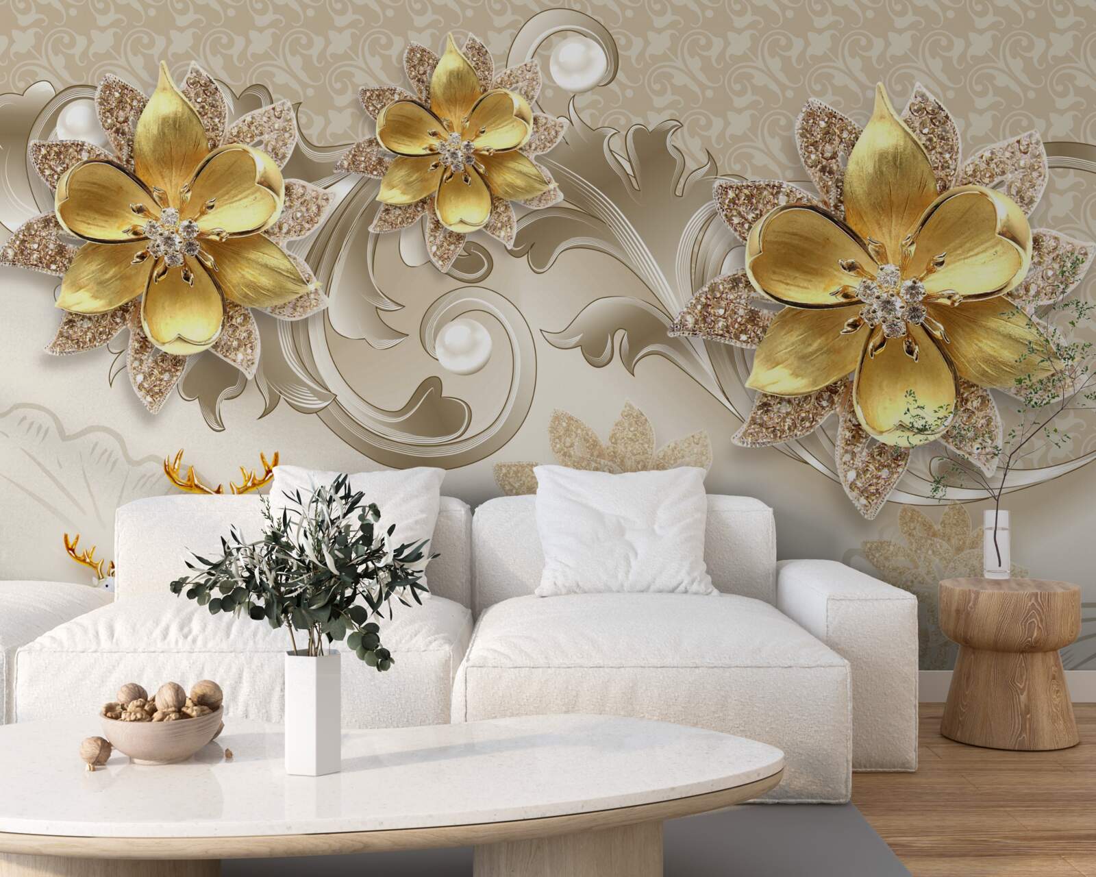 Фотошпалери дрібні білосніжні олені та кам'яно-жовті квіти
