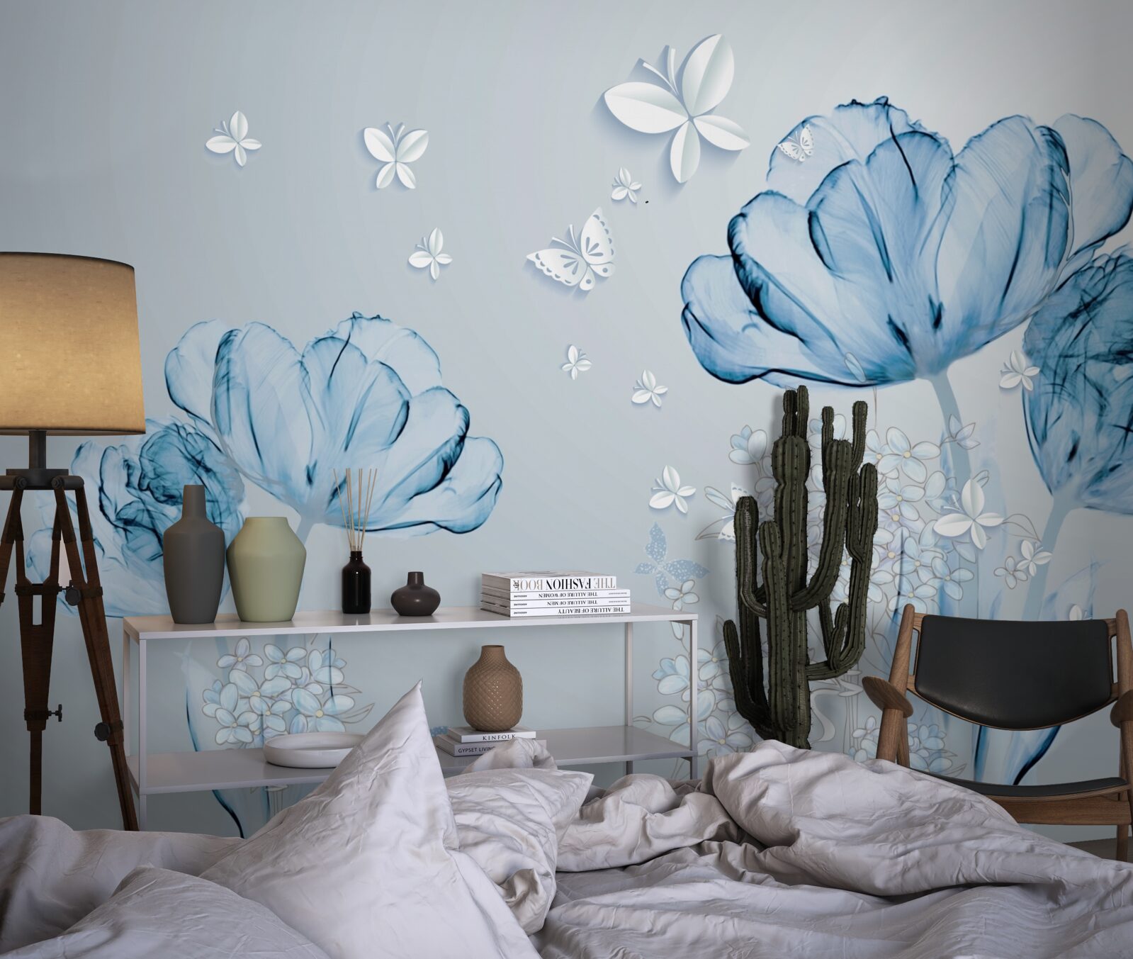 Фотошпалери блакитні квіти та яскраві метелики