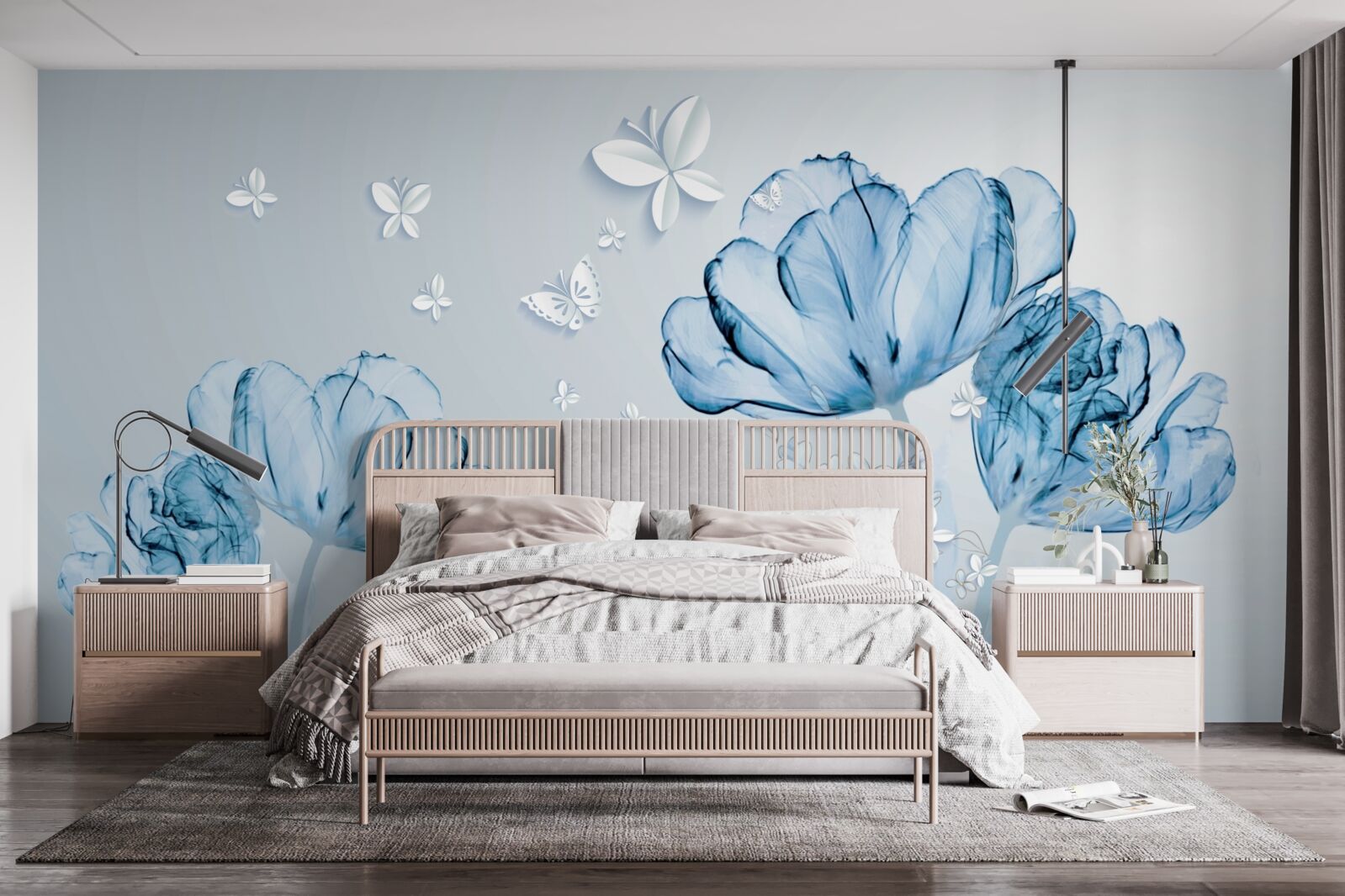 Фотошпалери блакитні квіти та яскраві метелики