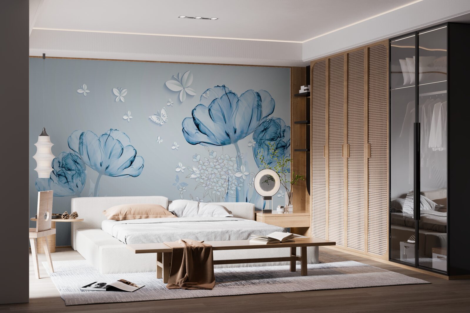 Фотошпалери блакитні квіти та яскраві метелики