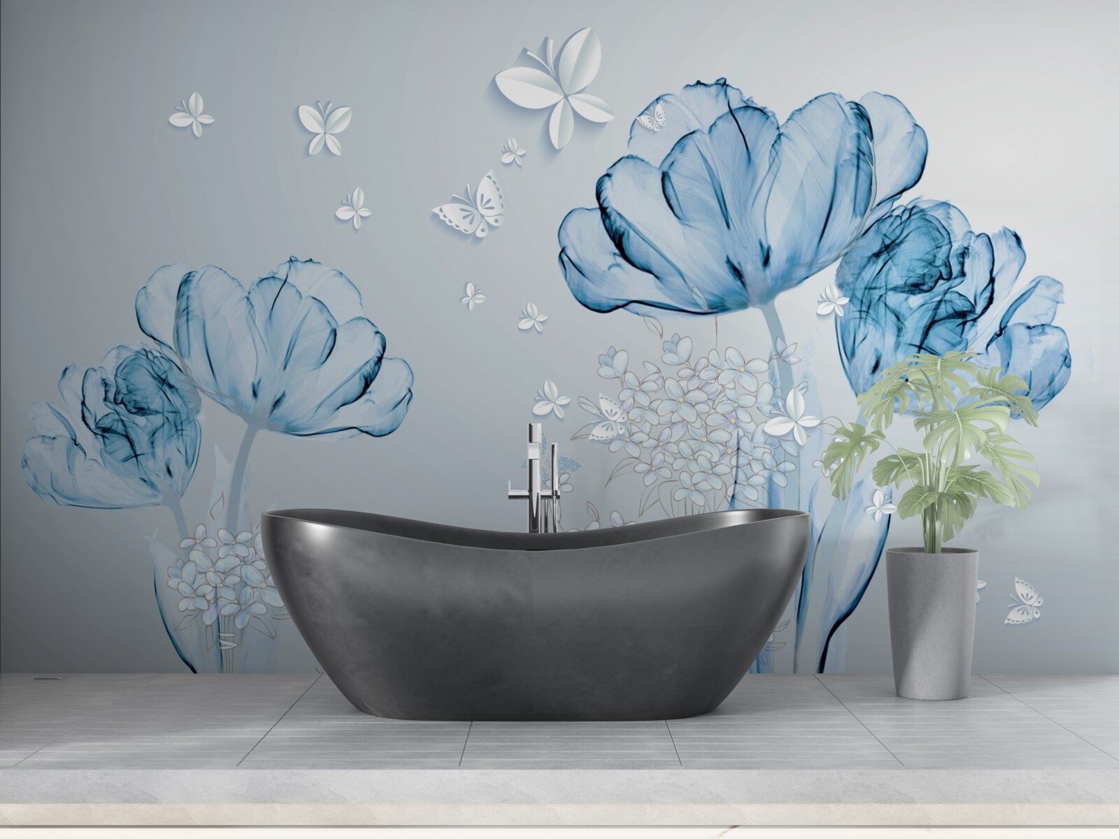 Фотошпалери блакитні квіти та яскраві метелики