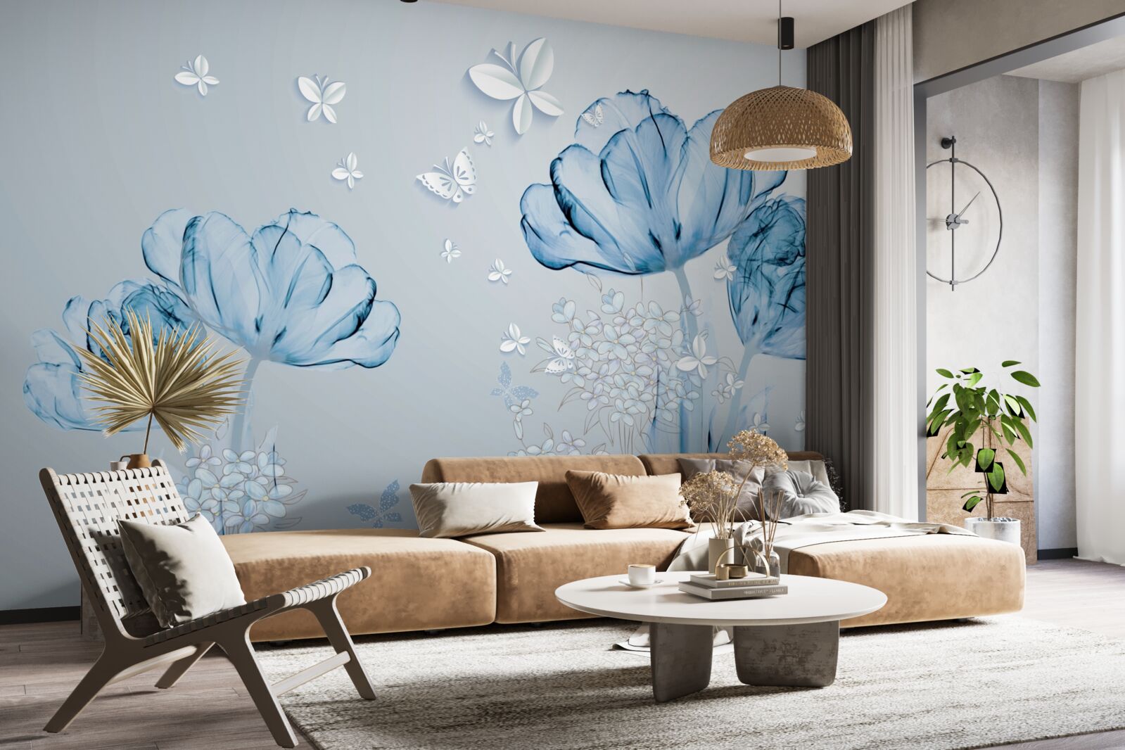 Фотошпалери блакитні квіти та яскраві метелики