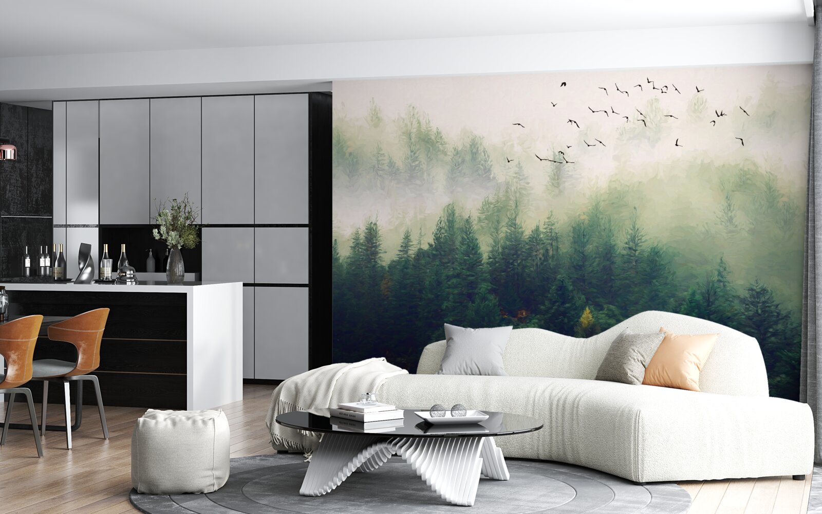 Фотошпалери птахи пролітають над лісом у туманному повітрі