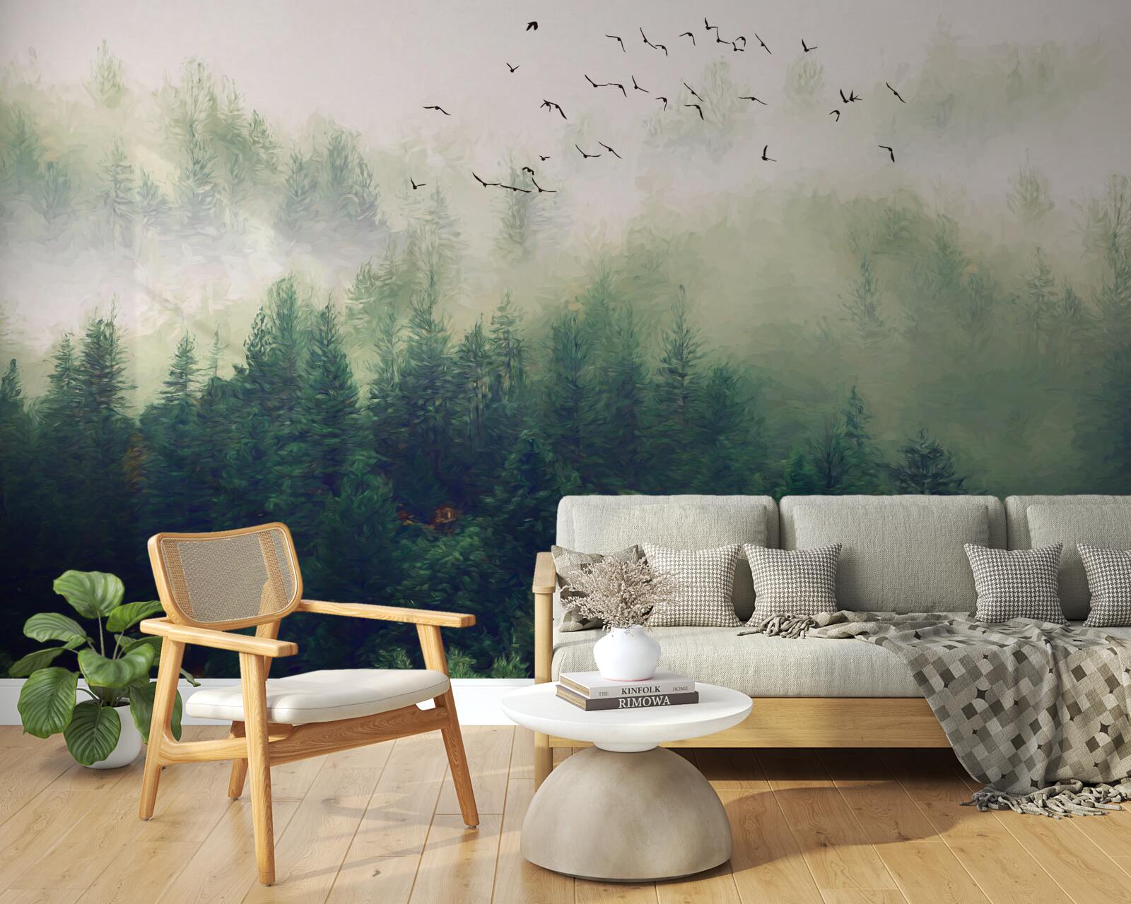 Фотошпалери птахи пролітають над лісом у туманному повітрі