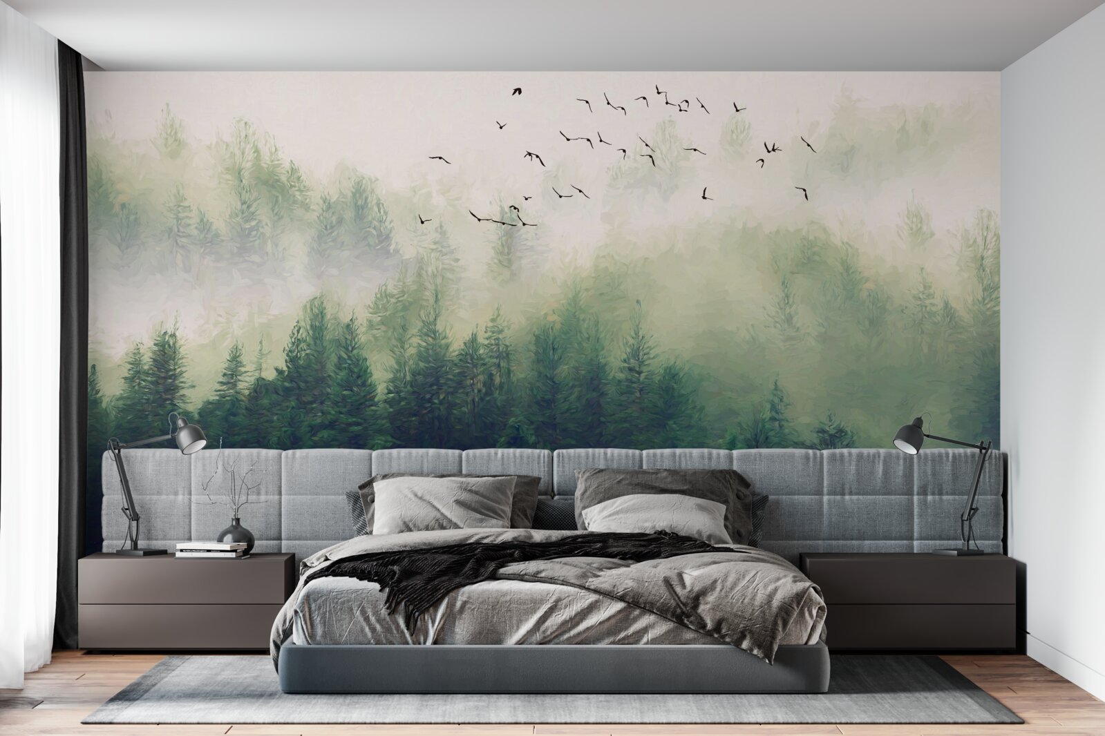 Фотошпалери птахи пролітають над лісом у туманному повітрі