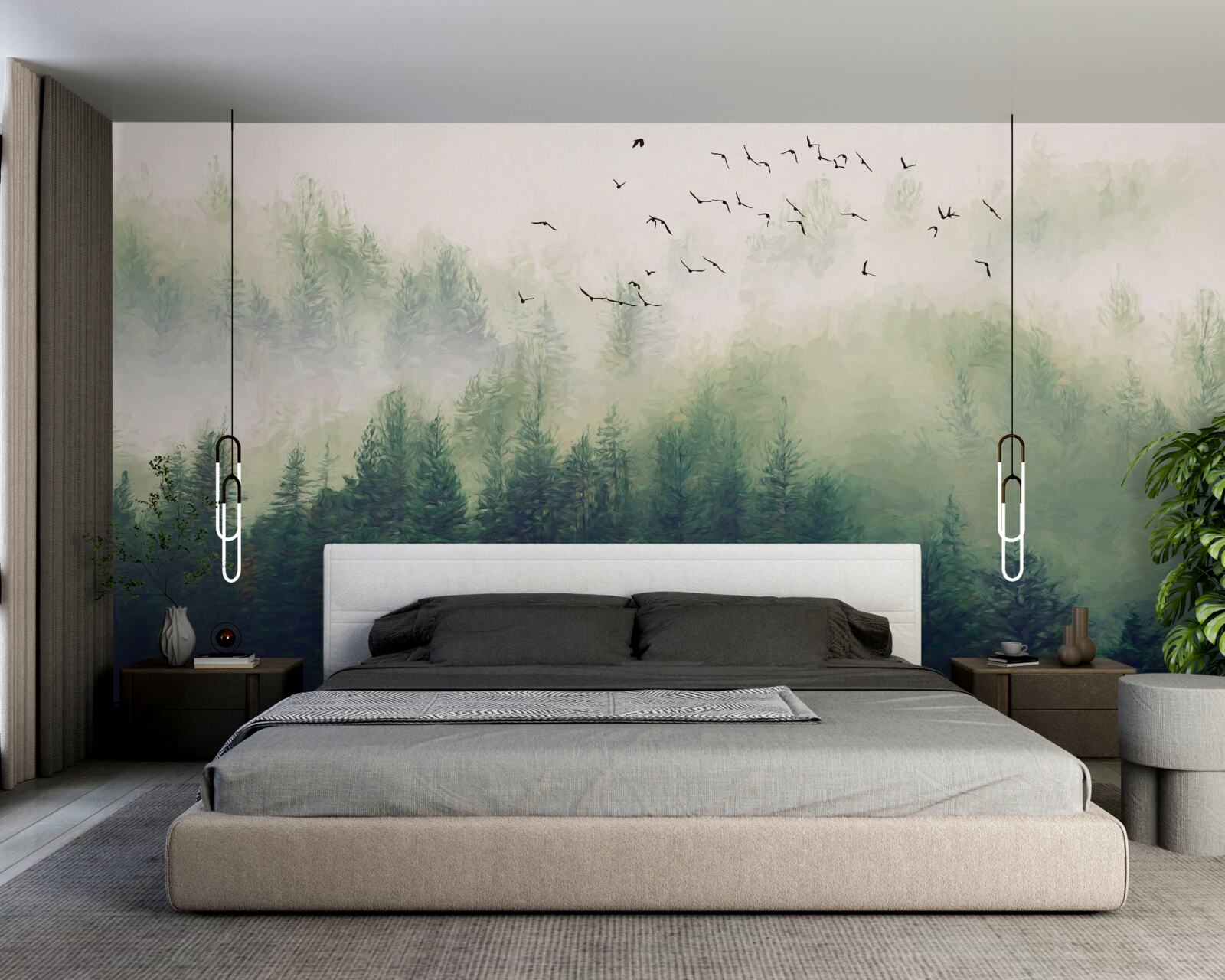 Фотошпалери птахи пролітають над лісом у туманному повітрі