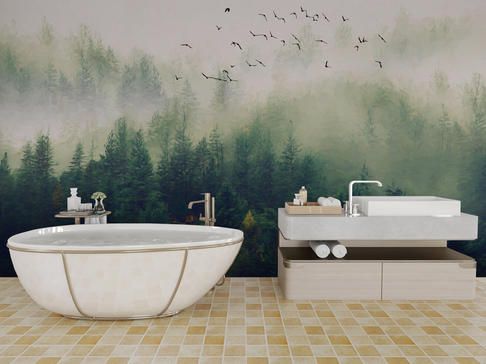 Фотошпалери птахи пролітають над лісом у туманному повітрі