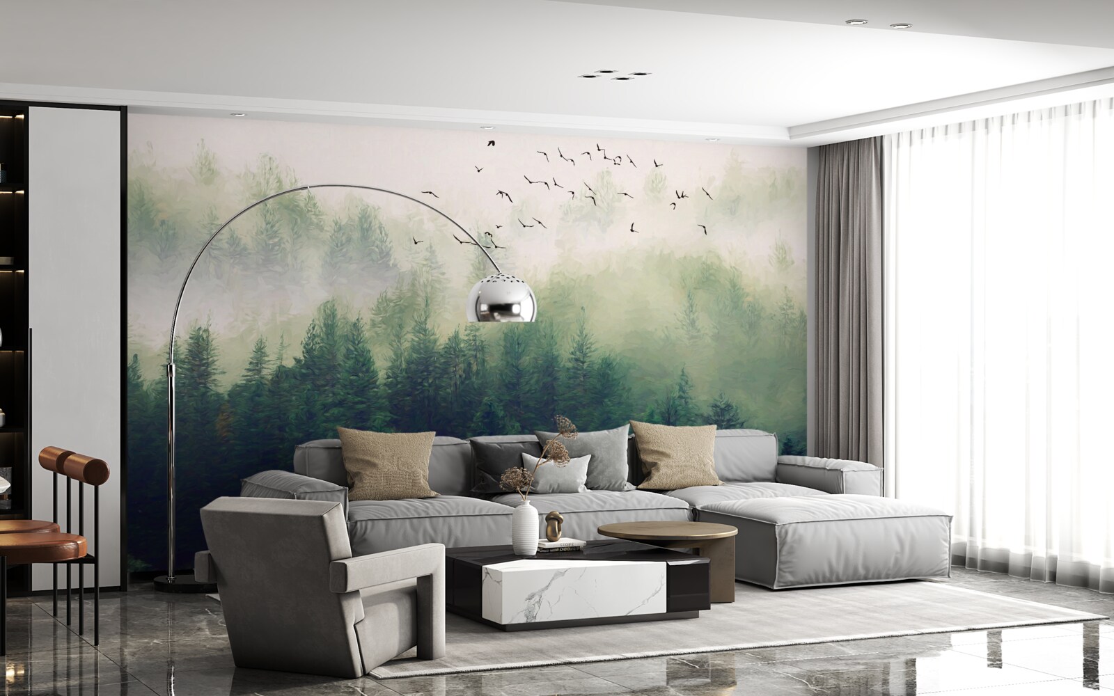 Фотошпалери птахи пролітають над лісом у туманному повітрі