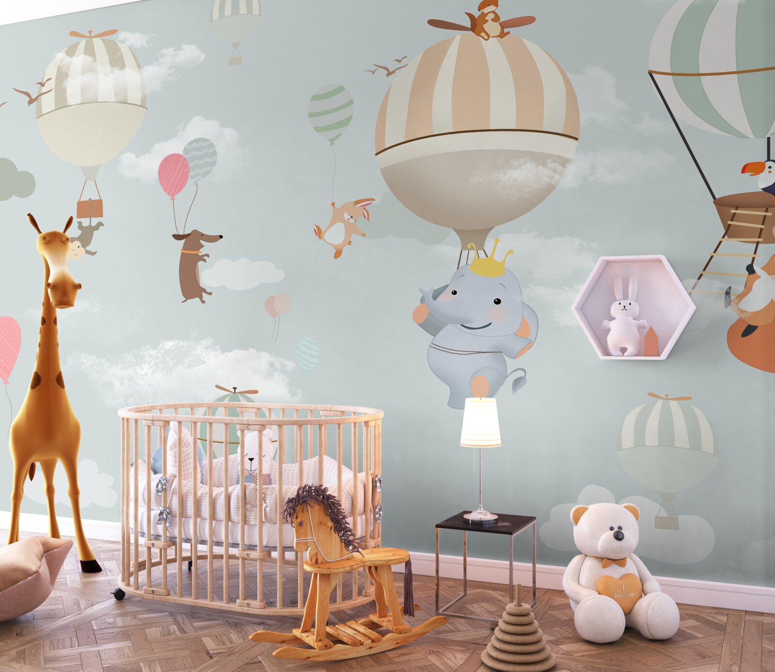 Фотошпалери тварини плавають на повітряних кулях і повітряних кульках