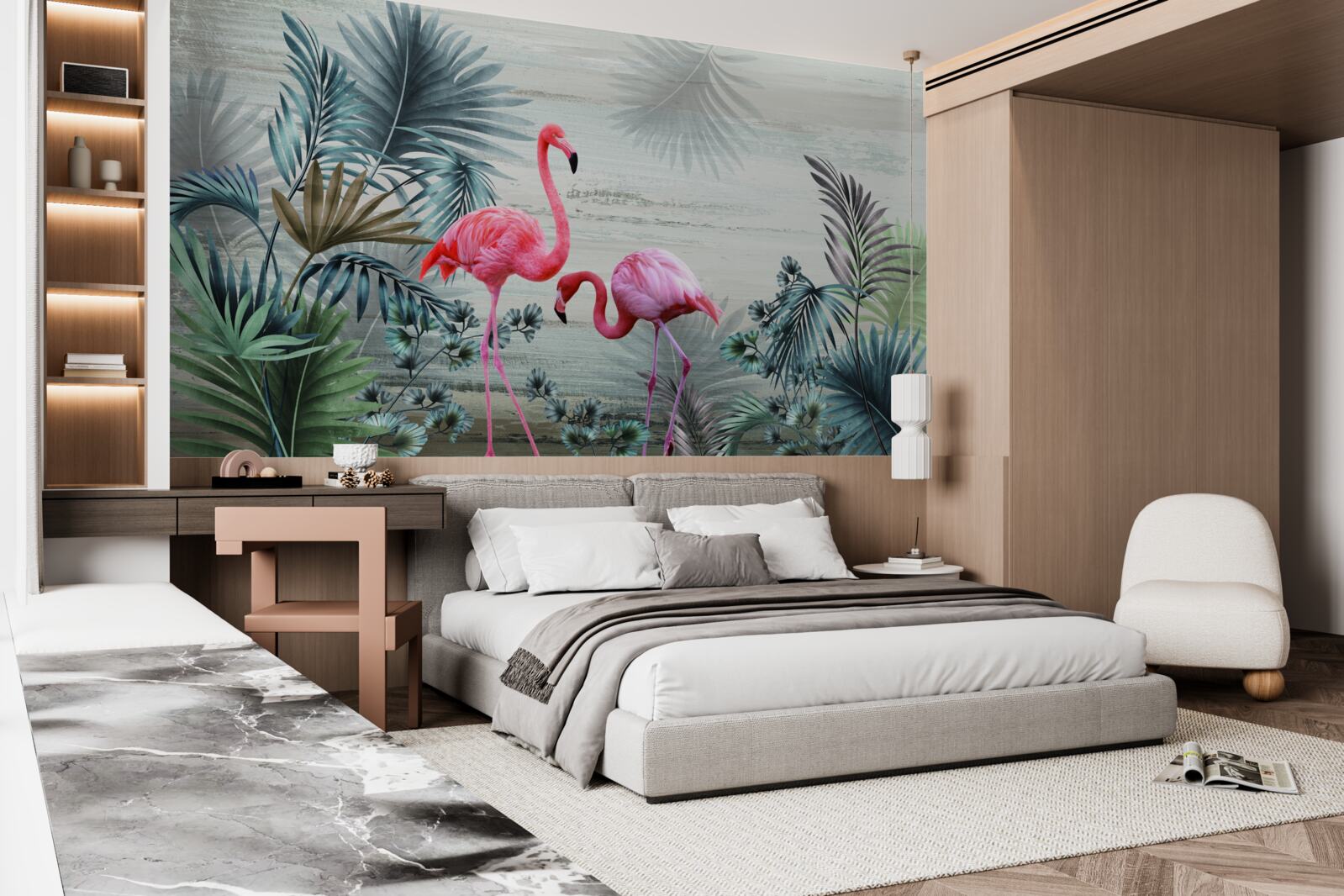 Фотошпалери фламінго в рожевих тонах серед зеленого листя