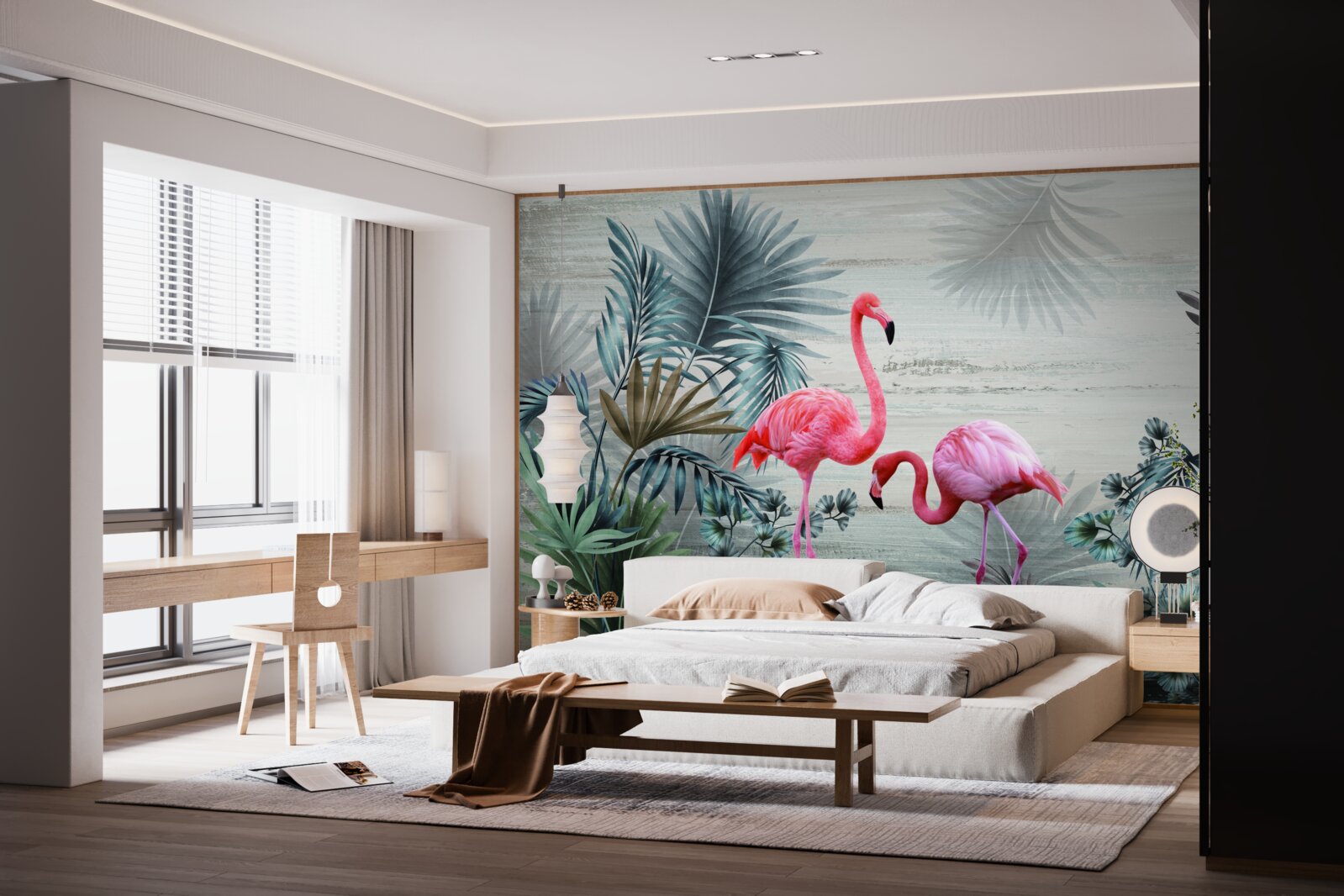 Фотошпалери фламінго в рожевих тонах серед зеленого листя